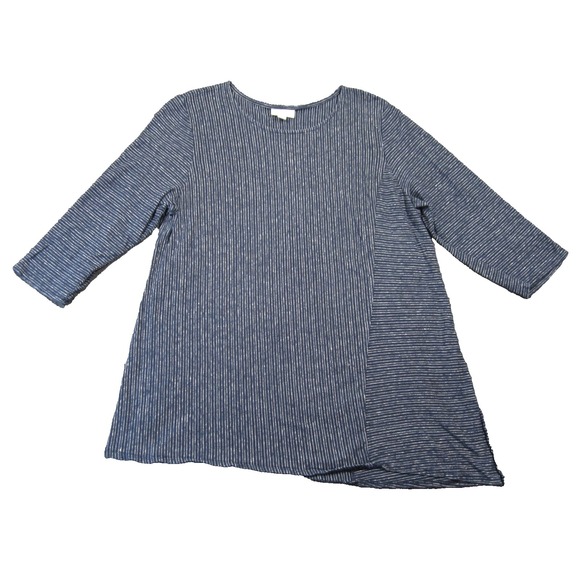 Pure Jill Tunic Top PL Navy Blue Striped Asymmetric Hem Side Slit Hemp Cotton - Picture 1 of 9